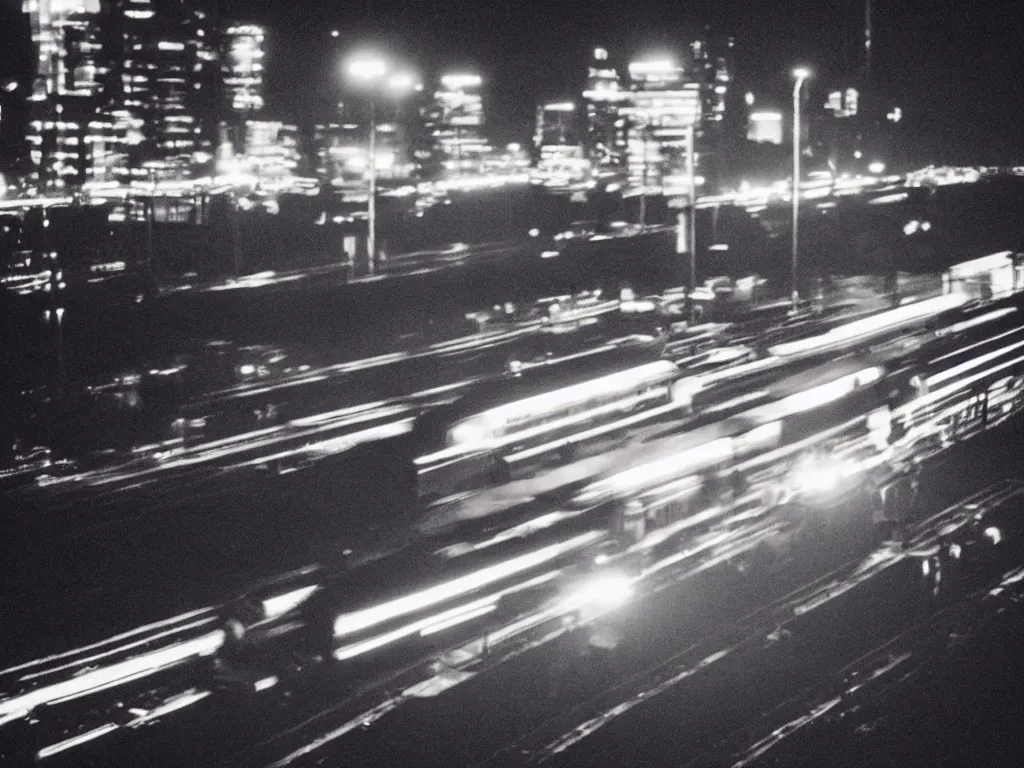 Prompt: 8 0 s movie still, train passing by at night while bright city is in the background, 3 5 mm film photography, 8 k resolution, arri 3 5 mm cinema, hyperrealistic, photorealistic, high definition, highly detailed, tehnicolor, anamorphic lens, award - winning photography, masterpiece