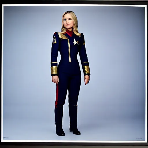 Image similar to a beautiful full body photograph of a younger kristen bell as a star fleet officer from star trek next generation, extreme realism and detail, 8 k, completely framed, direct lighting, 3 5 mm photo, photorealistic, sharp focus