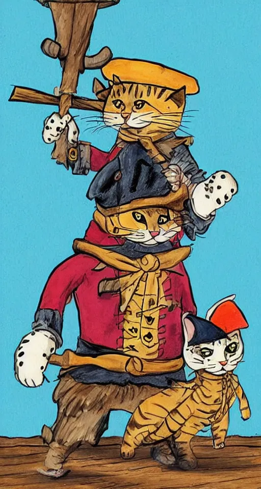 Prompt: a cat dressed as a pirate art by Albert Uderzo