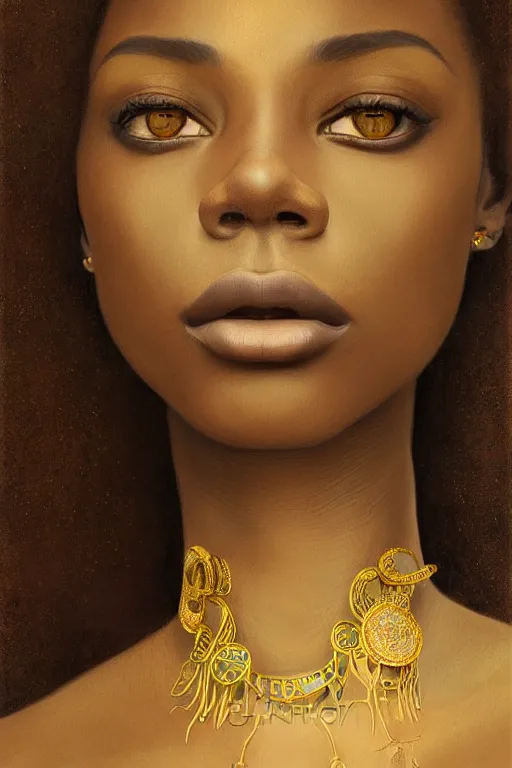 Image similar to Portrait of a Beautiful African female, sad green eyes, beautiful skin, elegant, jewellery, digital painting, Pre-Raphaelites, highly detailed, concept art, smooth, sharp focus, gold and indigo, illustration, art by Klimt .