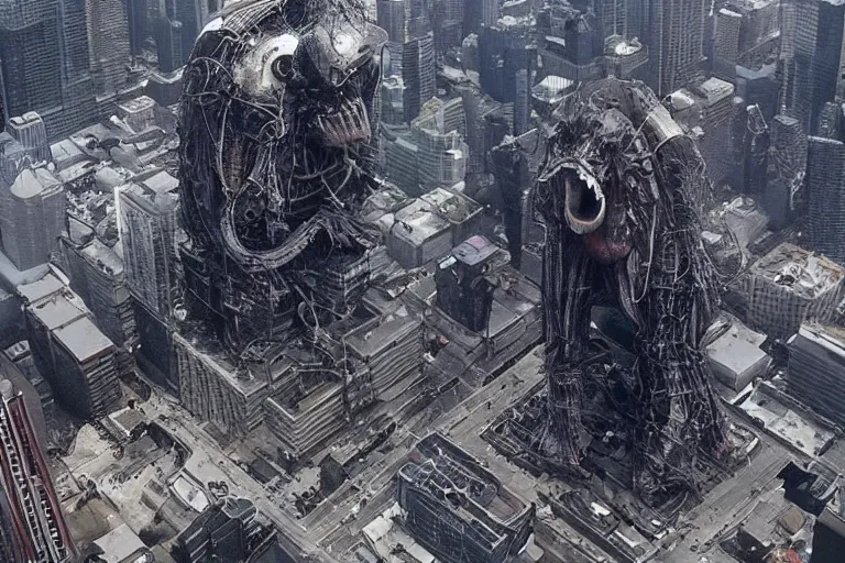 Prompt: Ominous ariel view news footage of Gargantuan, Mastodonic, Inter-Dimensional Behemoth Entity Monster designed by Moebius, GANTZ, H.R. Giger at devastated Toronto downtown district, chaotic riots in 2022, directed by James Cameron, denis villeneuve