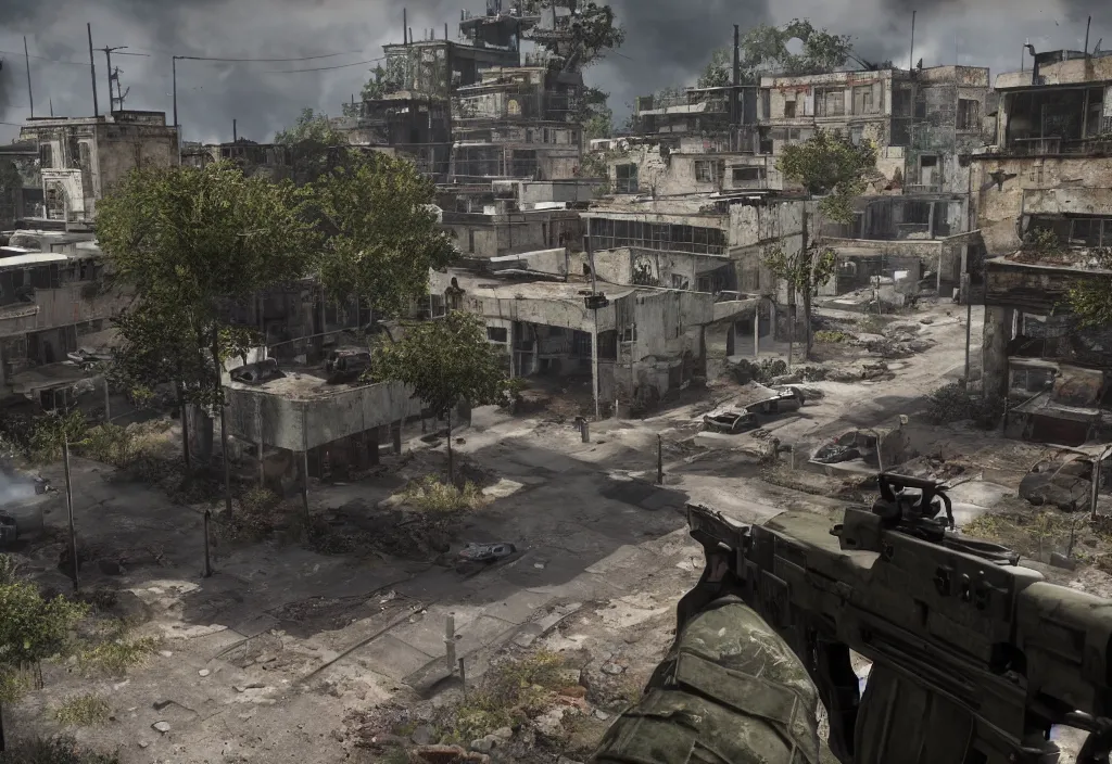 Prompt: still next - gen ps 5 game call of duty warzone 2 0 2 4 remaster, graphics mods, rain, mexican abandoned city, rtx reflections, abandoned buildings, photorealistic screenshot, extremely detailed, ak - 4 7, unreal engine, 4 k, 5 0 mm bokeh, close - up hammer h 1, call of duty remastered, artstation