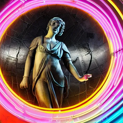 Image similar to a renaissance statue inside a neon ring sculpture, black background, ray tracing, 3 d render, 8 k resolution, shar focus, hyper detailed, hyper realistic