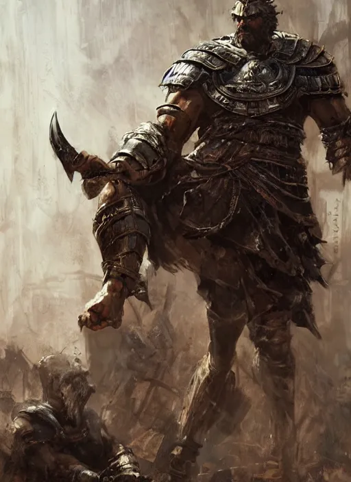 Image similar to ancient historically accurate depiction of the Bible Character Goliath of Gath, the Philistine warrior giant in ancient persian chainmail armor, dramatic lighting art by Yoji Shinkawa by Richard Schmid by greg rutkowski by Sandra Chevrier by Jeremy Lipking cinematic dramatic