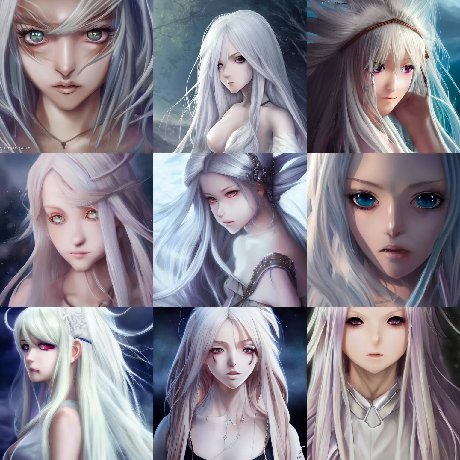 Prompt: A high fantasy young, teenager anime girl with long, white hair, wearing a dress, by Artgerm and Durand, face close up, official media, beautiful, detailed, high quality, wallpaper, god rays, 4K, epic, trending on artstation and behance