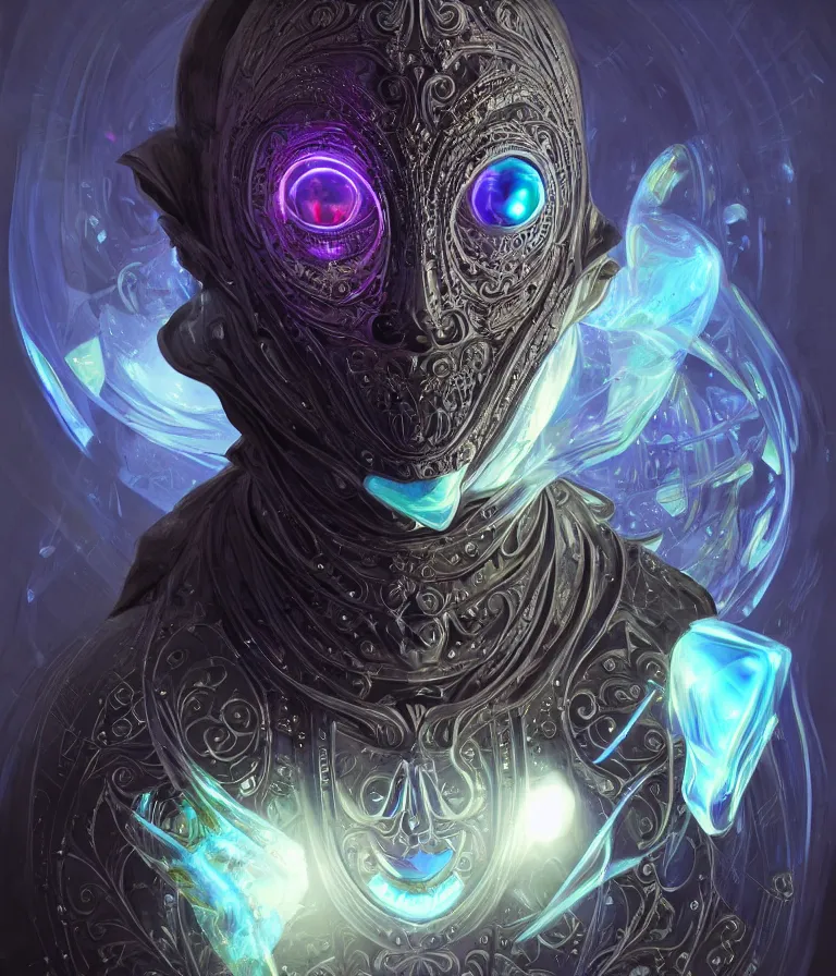 Image similar to front!!! shot of a court jester!!! character, hyperdimensional, bioluminescent hypercubes, dark holography!!!, future, chrome, (((intricate))), elegant, highly detailed, centered, (((artstation, concept art, smooth, sharp focus, artgerm, Tomasz Alen Kopera, Peter Mohrbacher, donato giancola, Joseph Christian Leyendecker, WLOP, Boris Vallejo))), ((raytracing)), mugshot!!!!!, ugly!!!!!!, octane render, nvidia raytracing demo, octane render, nvidia raytracing demo, octane render, nvidia raytracing demo, grainy, muted, 8K, digitalblasphemy, metatron