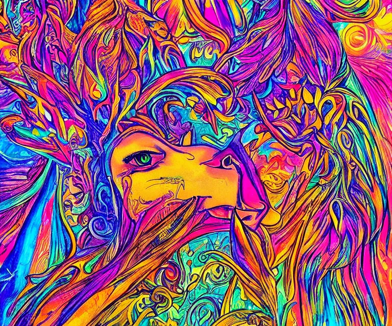 Image similar to the wildest dream, vivid colors, golden hour, psychedelic art, magical creatures, highly detailed, sharp lines