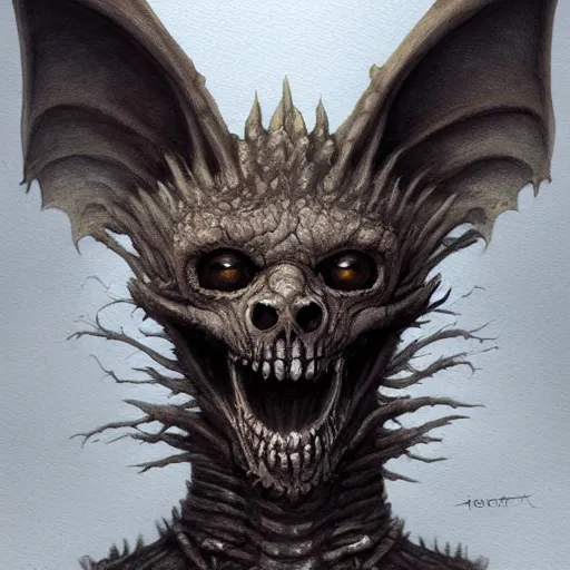 Image similar to Diabolical Masterpiece Fuzzy Paws Fluffy Ears gerald brom anton semenov Christophe Young Cristi Balanescu artstation ancient dracolich flying wraith dragon, wearing bone crown lich skeleton crypt watercolor face head eyes teeth snout collar ASPCA adoption center tombow