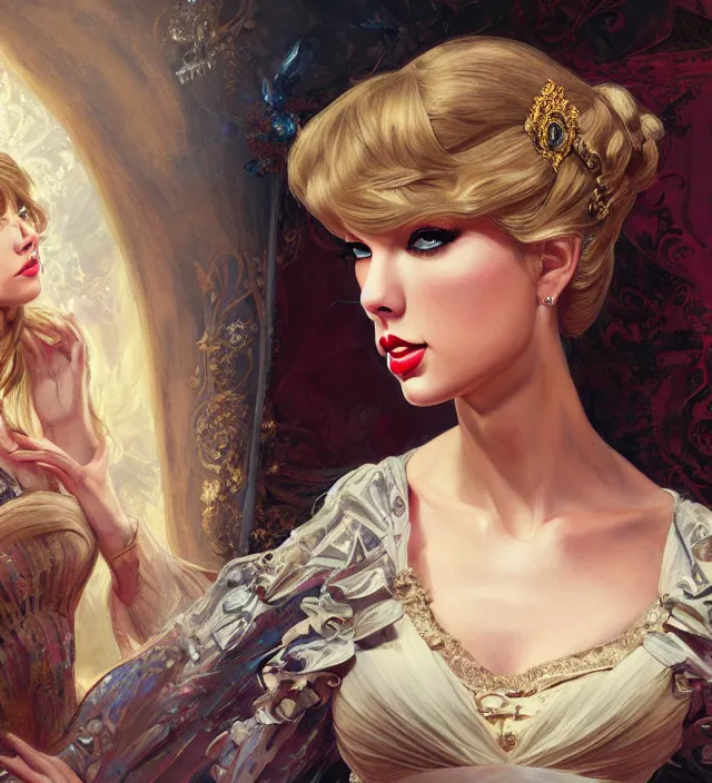 Image similar to portrait of taylor swift as a young beautiful female princess, d & d, baroque dress, elegant, flat lighting, intricate, highly detailed, digital painting, artstation, concept art, smooth, sharp focus, illustration, closeup, misa amane, art by simon bisley and greg rutkowski and alphonse mucha, novel cover