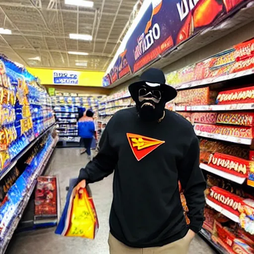 Image similar to MF DOOM at walmart holding a bag of doritos