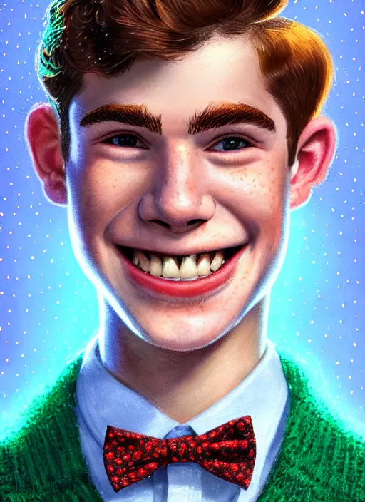 Image similar to portrait of teenage archie andrews, freckles, curly middle part haircut, curly hair, middle part hairstyle, smiling kindly, wearing a bowtie and sweater vest, intricate, elegant, glowing lights, highly detailed, digital painting, artstation, concept art, smooth, sharp focus, illustration, art by wlop, mars ravelo and greg rutkowski