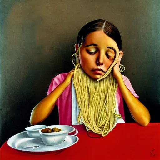 Image similar to girl eats spaghetti and crying spaghetti, style of Salvador Dali