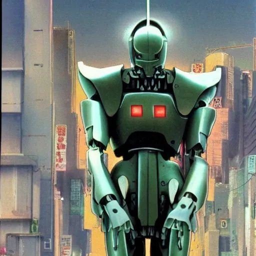 Prompt: 1 9 8 0 s anime screenshot of a sleek, slender, human - scale mecha suit defending the city streets, designed by hideaki anno, drawn by tsutomu nihei, and painted by zdzislaw beksinski