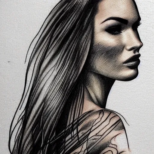 Image similar to tattoo sketch of megan fox's face shape created in amazing mountain scenery, in the style of dan mountford