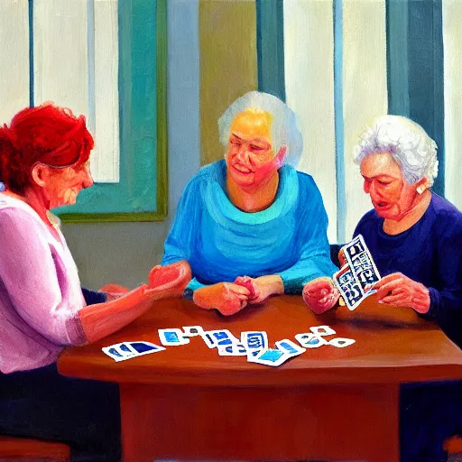 Image similar to 2 old ladies and a woman playing cards in a commieblock apartment, still life painting, oil painting