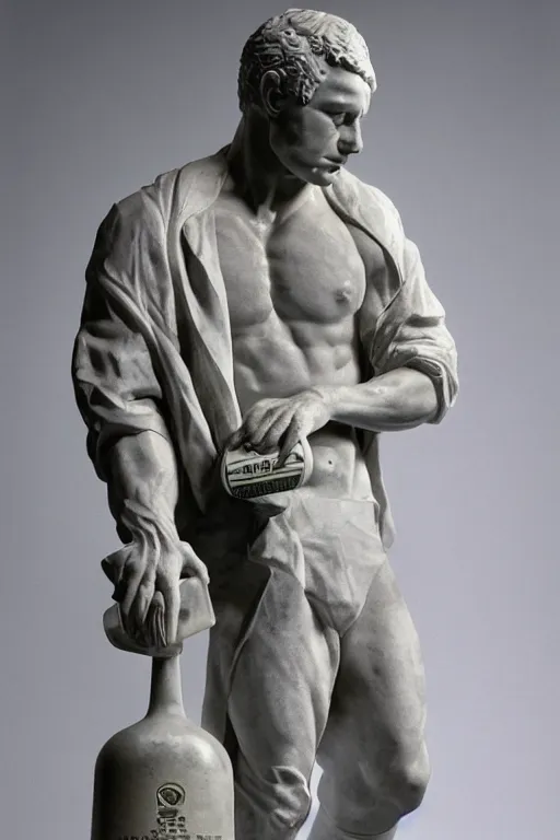 Image similar to marble sculpture of man in Adidas jacket sportswear holding a beer bottle made of marble, intricate sculpture, chiseled muscles, godlike, museum photo