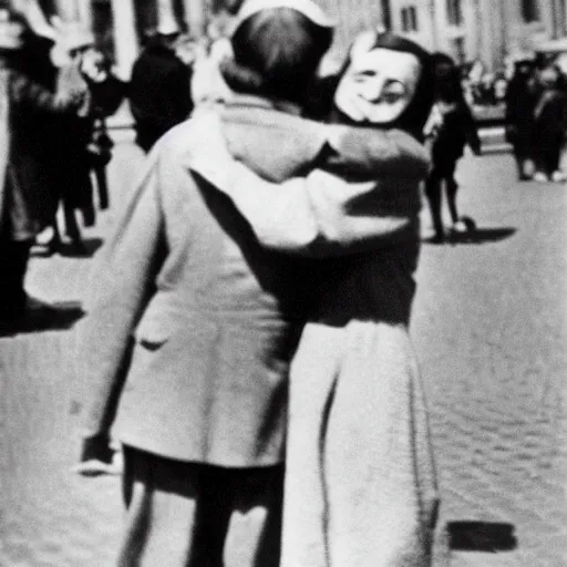 Image similar to Anne Frank hugging Hitler on Dam Square, war photography,