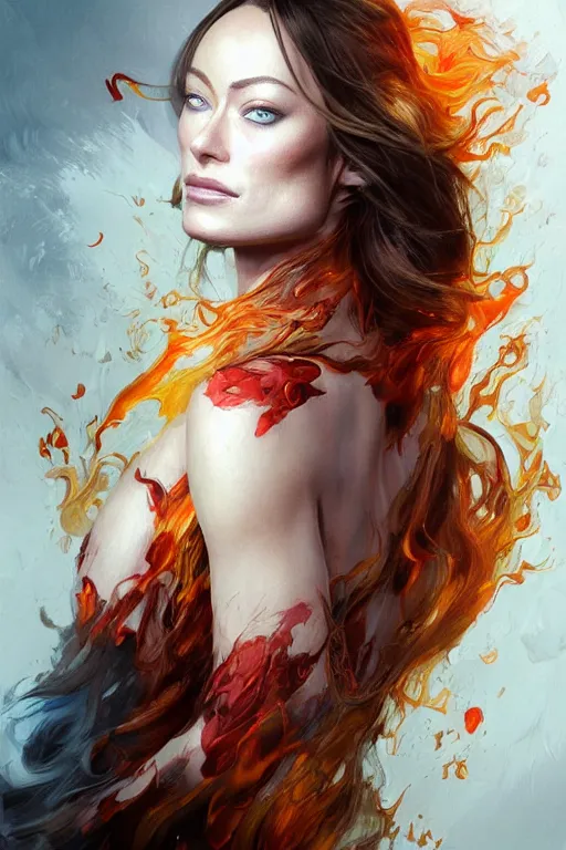 Image similar to a professionally painted portrait of Olivia Wilde, clothed in flames, olive skin, long dark hair, beautiful bone structure, symmetrical facial features, intricate, elegant, digital painting, trending on Artstation, concept art, smooth, sharp focus, illustration, from Metal Gear by Ruan Jia and Mandy Jurgens and Artgerm and William-Adolphe Bouguerea, award winning