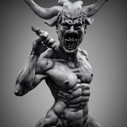 Image similar to marble demon statue, by francesco queirolo, highly detailed studio lighting, hyper realism, fantasy, scary, dark, moody, pinhole camera. 4 k,