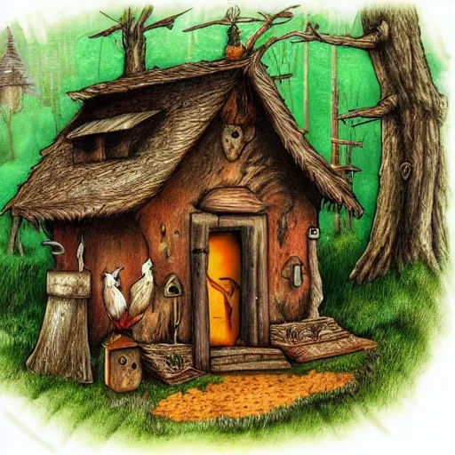 Prompt: It's a hut in the forest. It is standing on chicken legs. The only way to enter the house is to say a spell that makes it turn towards you and away from the forest. I am baba yaga, an enigmatic spirit of the forest