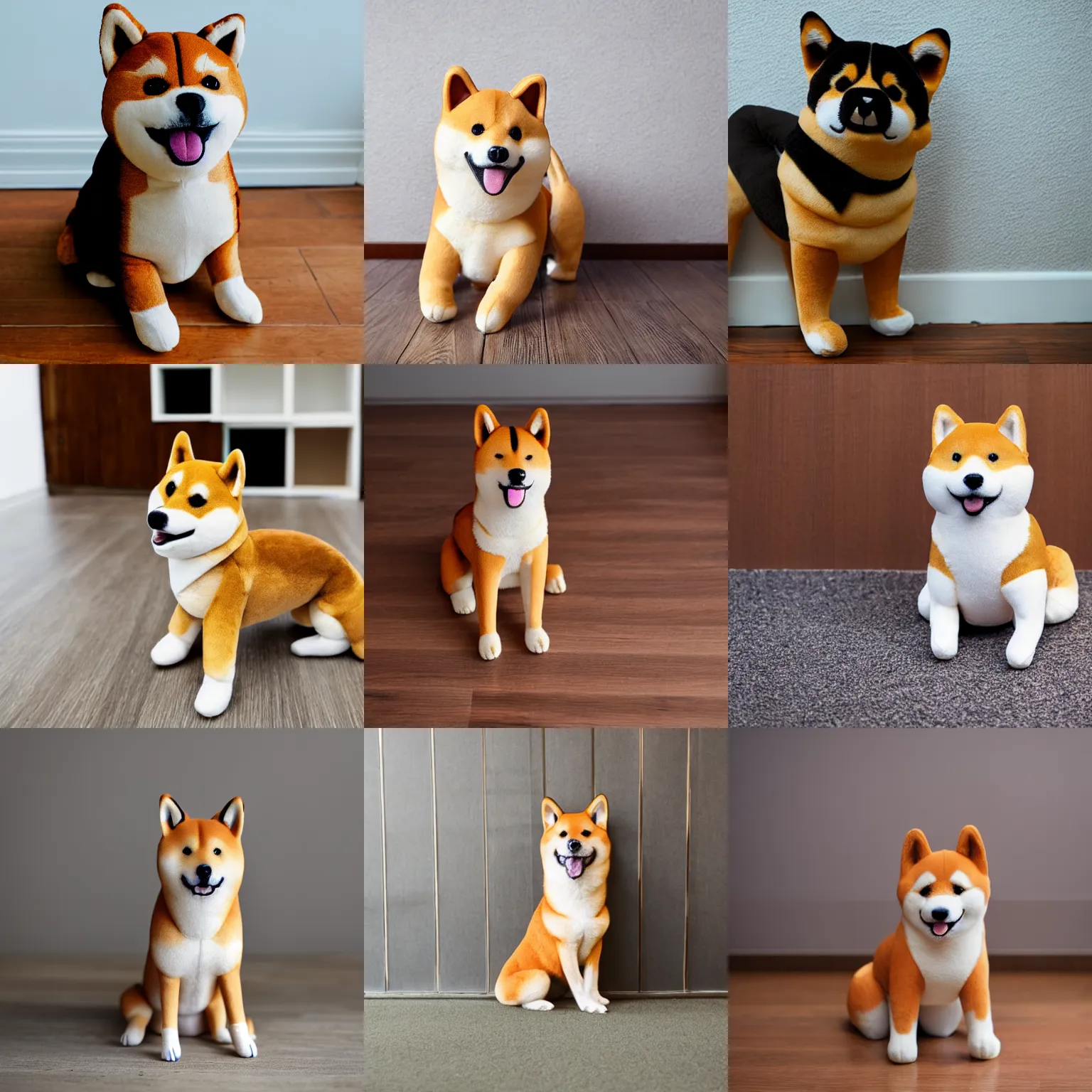 Prompt: a plush toy Shiba Inu dog sitting on a wooden floor against a white wall