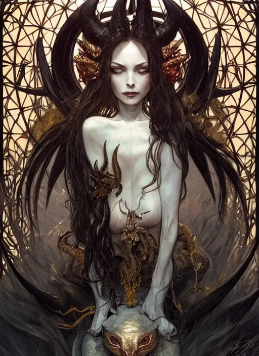 Prompt: a beautiful illustration of a satanic witch with horns in head holding a dragon, intricate, sharp focus, illustration, highly detailed, digital painting, concept art, matte, art by wlop and artgerm and greg rutkowski and alphonse mucha, masterpiece