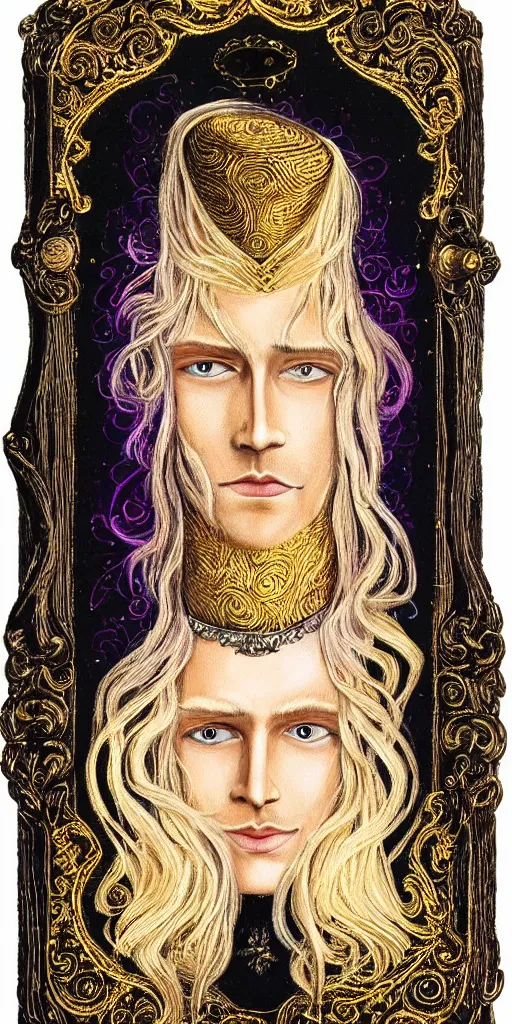 Prompt: beautiful detailed acrylic painting mystical mentalist man, has blond hair and a top hat. Wearing embroidered noble clothes. Heterochroma eyes. A small book with gold filigree in hand. Renaissance. Fantasy.