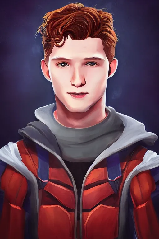 Image similar to an in game portrait of tom holland from hades, art by jen zee.