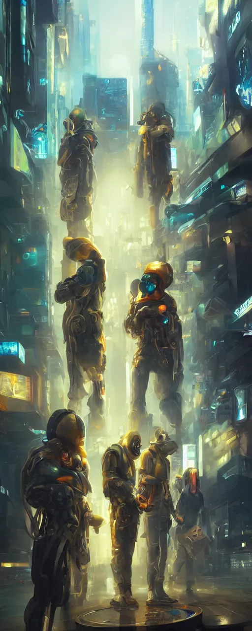 Image similar to an epic painting of the team of group of time travelers, oil on canvas, cold colors, perfect composition, golden ratio, beautiful detailed, photorealistic, digital painting, artstation, concept art, smooth, sharp focus, illustration, cyberpunk background, artstation trending, octane render, unreal engine