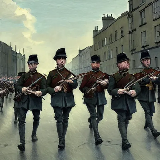 Image similar to irish rebel soldiers in 1 9 1 6 marching down a street in dublin with their rifles, highly detailed, digital painting, concept art, sharp focus, by makoto shinkai