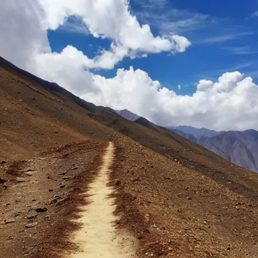 Prompt: POV: walking a dirt path in the tibetan mountains, bordering a cliff, manga art