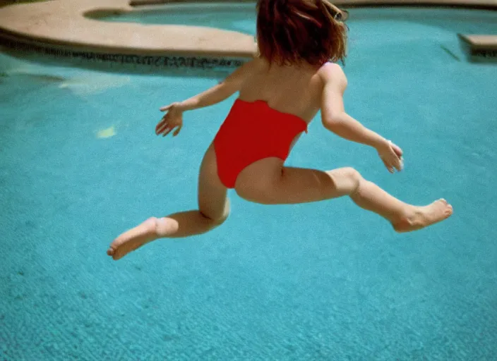 Image similar to color photo of a girl jumping down in a pool in the 8 0's