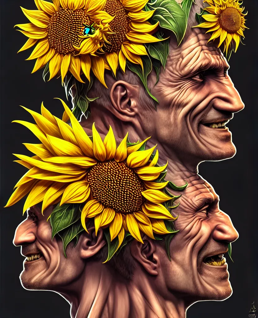 Image similar to digital art, centered full body of Putin smiling king, Sunflower crown, ,intricate, veins, by James Jean and by artgerm , by ross tran ultradetailed, charachter design, concept art, trending on artstation,