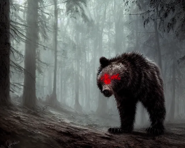 Prompt: 5 5 mm portrait photo of an armored demonic undead rotting bear with red eyes looking at the camera, in a magical forest. magical atmosphere. art by greg rutkowski and luis royo. highly detailed 8 k. intricate. lifelike. soft light. nikon d 8 5 0.