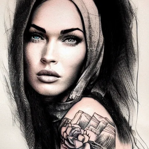 Image similar to realistic tattoo sketch of megan fox face double exposure art with beautiful mountain scenery, in the style of matteo pasqualin, amazing detail, sharp, faded