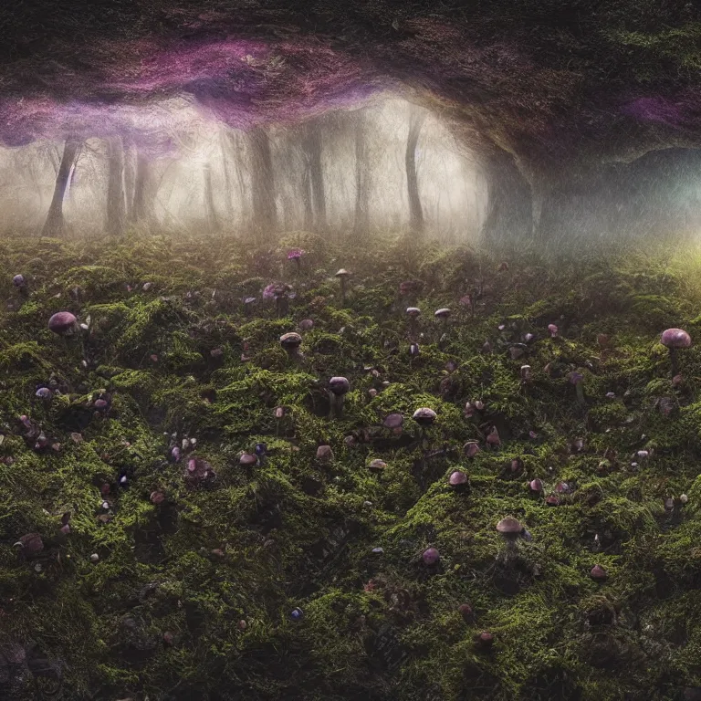 Image similar to a planet of various fungus, mushrooms and plants, inside the picture is infinity, Atmospheric phenomenon, artistic photography, muted colors, conceptual, long exposure outside the city, volumetric light