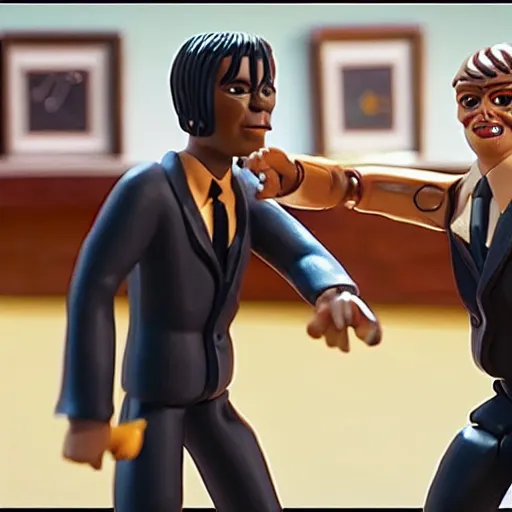 Prompt: dancing scene from pulp fiction recreated in robot chicken