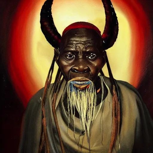 Prompt: a painting of a wise elder from Kenya by Wangechi Mutu . dramatic angle, ethereal lights, details, smooth, sharp focus, illustration, realistic, cinematic, artstation, award winning, rgb , unreal engine, octane render, cinematic light, macro, depth of field, blur, red light and clouds from the back, highly detailed epic cinematic concept art CG render made in Maya, Blender and Photoshop, octane render, excellent composition, dynamic dramatic cinematic lighting, aesthetic, very inspirational, arthouse.