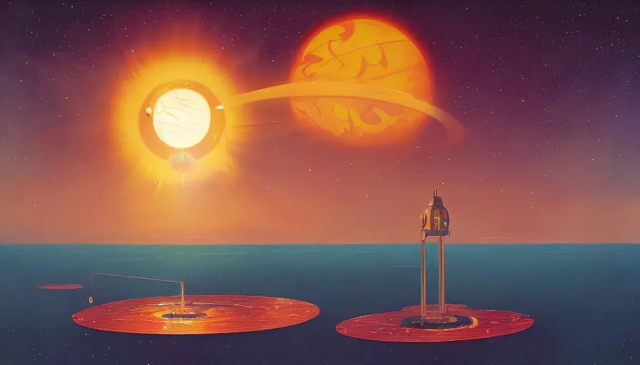 Prompt: solar sail floating in front of the sun in space, simon stalenhag, art deco painting