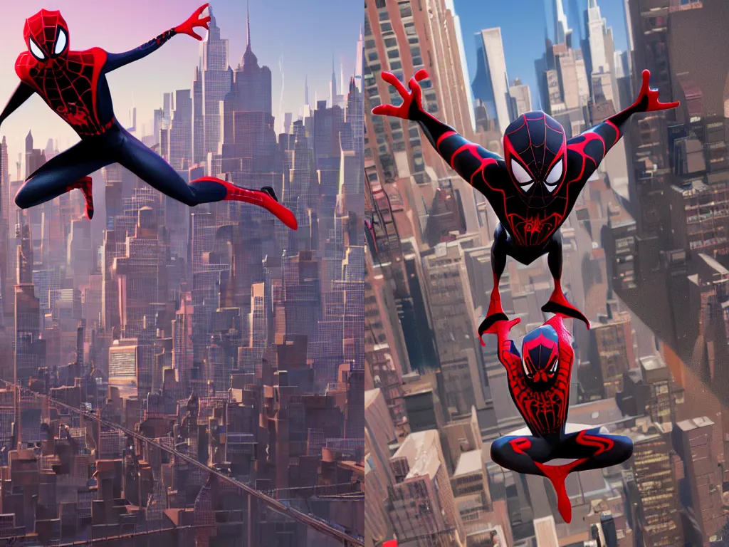Prompt: exciting matte painting of a 3 d full body character illustration of miles morales spiderman from into the spiderverse flying above brooklyn new york, black and red color scheme costume, miles morales!!!, into the spiderverse, spiderverse, 8 k, sharp focus, substance painter, digital painting, concept art, octane render