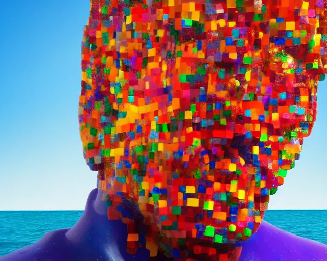 Prompt: a giant sculpture made out of thousands of gummy bears in a human head shape, on the surface of the ocean, in the style of chad knight, long shot, hyper detailed, hyper realistic, ray tracing, 8 k resolution, sharp focus, realistic water, award winning sculpture
