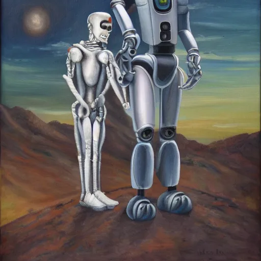 Image similar to a robot missionary trying to convert an alien to christanity, oil on canvas