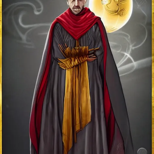 Prompt: petyr baelish smirking dressed in grey robes with red and gold trim, slightly turned to the right, ultra detailed, photorealistic, holding a crystal ball, magic the gathering style art, standing with a black background, high quality,