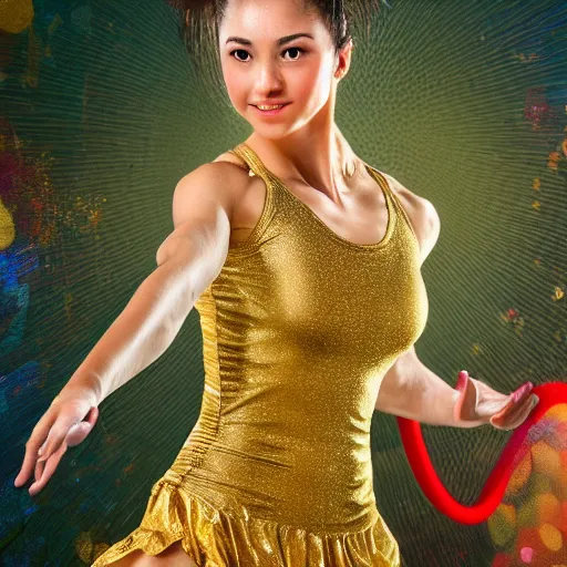 Image similar to woman doing gymnastics with beautiful hair wearing gold embroidered dress, highly detailed, 8 k, masterpiece, super resolution.