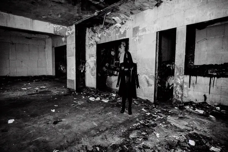 Image similar to a goth in leather, watching a black hole forming in the grimy grungy basement of an abandoned apartment block, grainy black and white photography