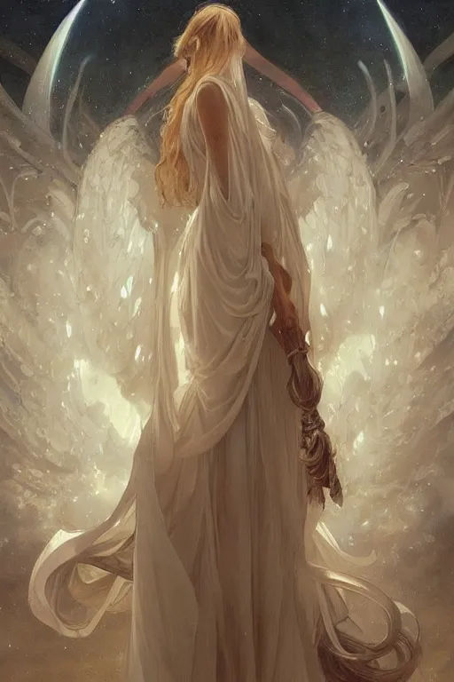 Image similar to Angels in white gauze dresses, the glow of the moonlight, fantasy, intricate, elegant, highly detailed, digital painting, artstation, concept art, matte, sharp focus, illustration, art by Artgerm and Greg Rutkowski and Alphonse Mucha