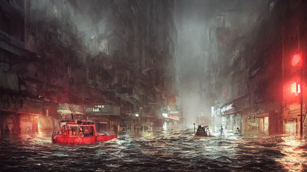 Prompt: dramatic Photorealistic, Matte Painting of a tug boat with bright head lights exploring post apocalyptic flooded Hong Kong city street at night,dark Tall buildings by Greg Rutkowski,Craig Mullins,Hyperrealism,Beautiful dramatic moody lighting,Cinematic Atmosphere,Volumetric,VRay Rendering,8K