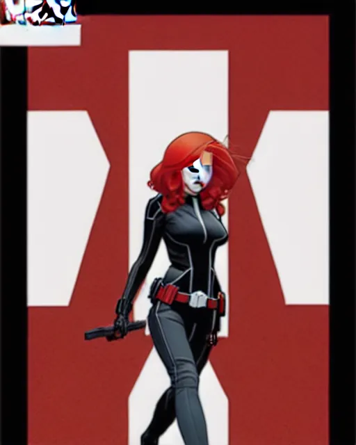 Image similar to phil noto comicbook cover art, black widow marvel, symmetrical eyes, long red hair, full body, city rooftop