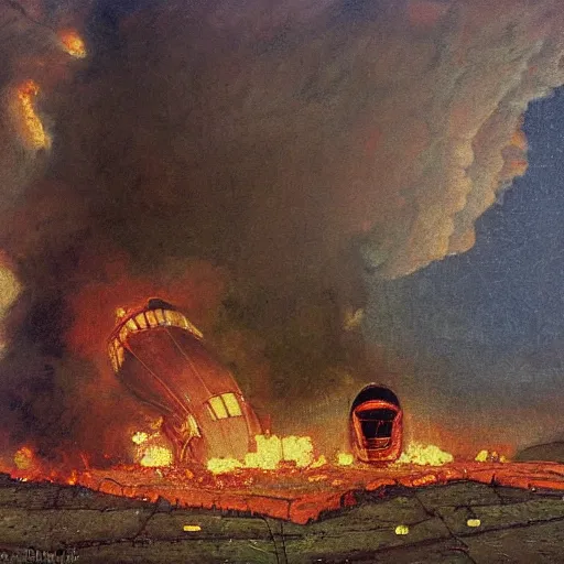 Prompt: a greek spaceship, stuck in the ground, the spaceship is on fire, smoke, rainstorm, lightning, angry, kinetic, adolphe bouguereaum, norman rockwell, highly detailed oil painting,