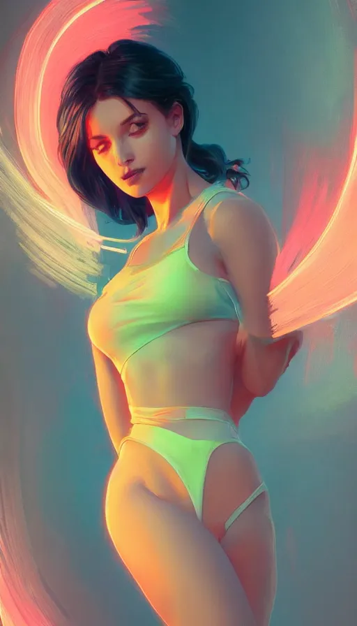 Image similar to neon, academic female pose from artstation, minimalistic, fibonacci, sweat drops, insane, pinup, intricate, highly detailed, digital painting, artstation, concept art, smooth, sharp focus, illustration, Unreal Engine 5, 8K, art by artgerm and greg rutkowski and alphonse mucha